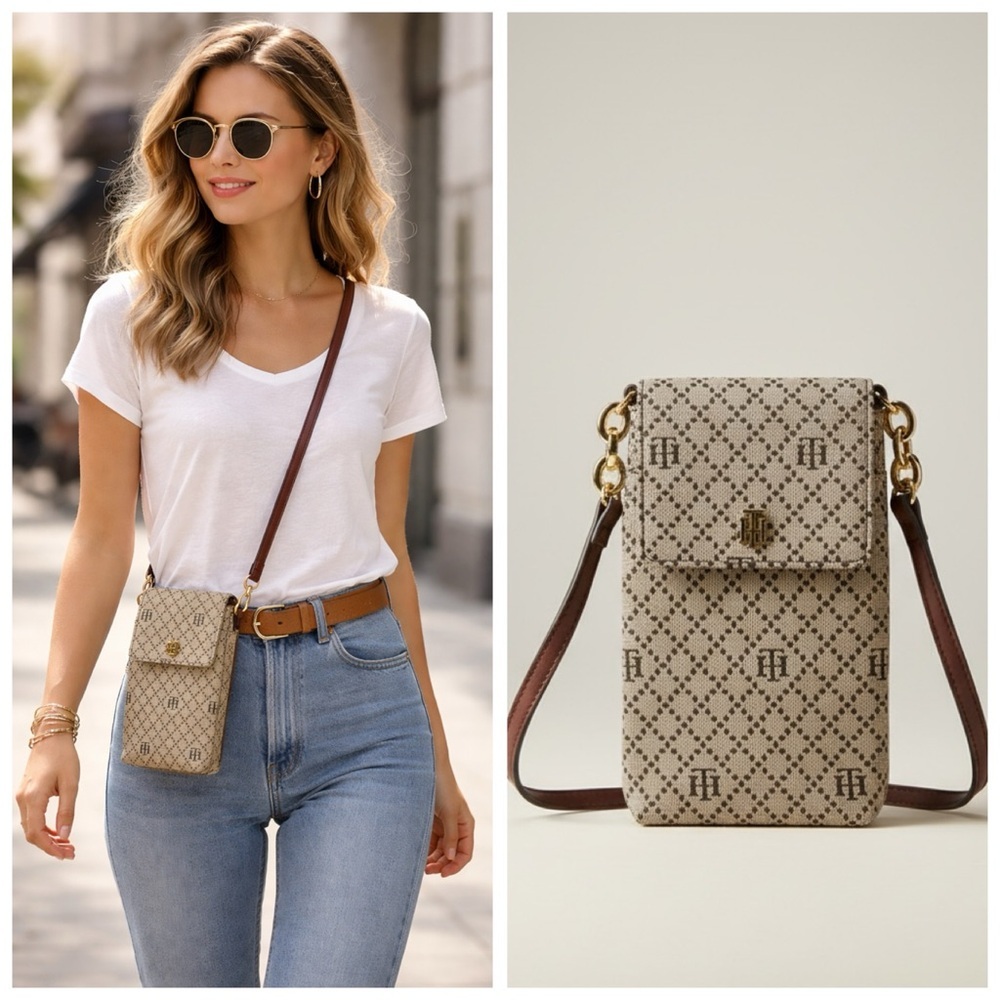 Tommy Hilfiger Leather Canvas Julia Phone Bag Crossbody Shoulder Wallet Organize
